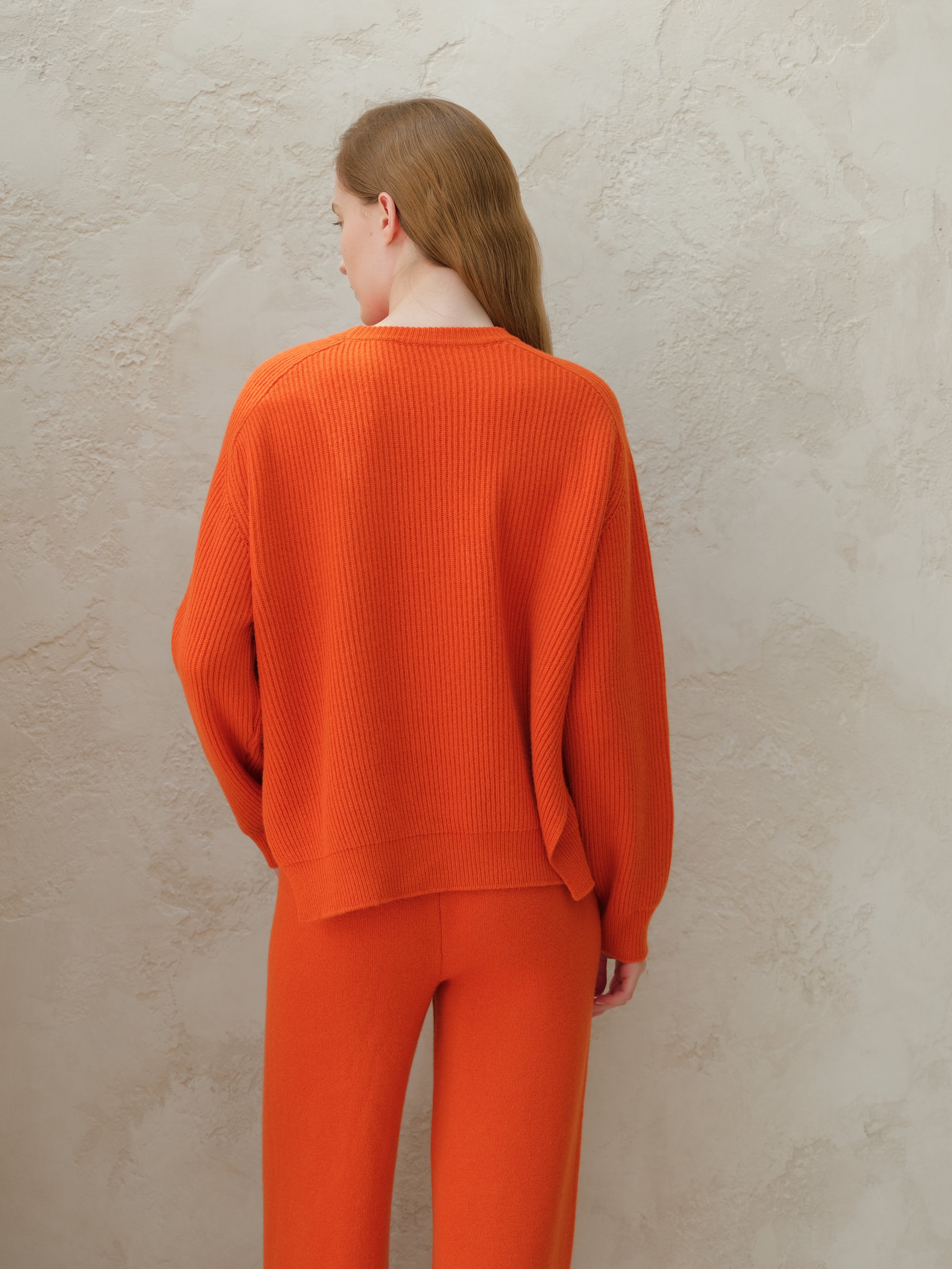 Cashmere Mix Crewneck Ribbed Sweater with Lateral Slits