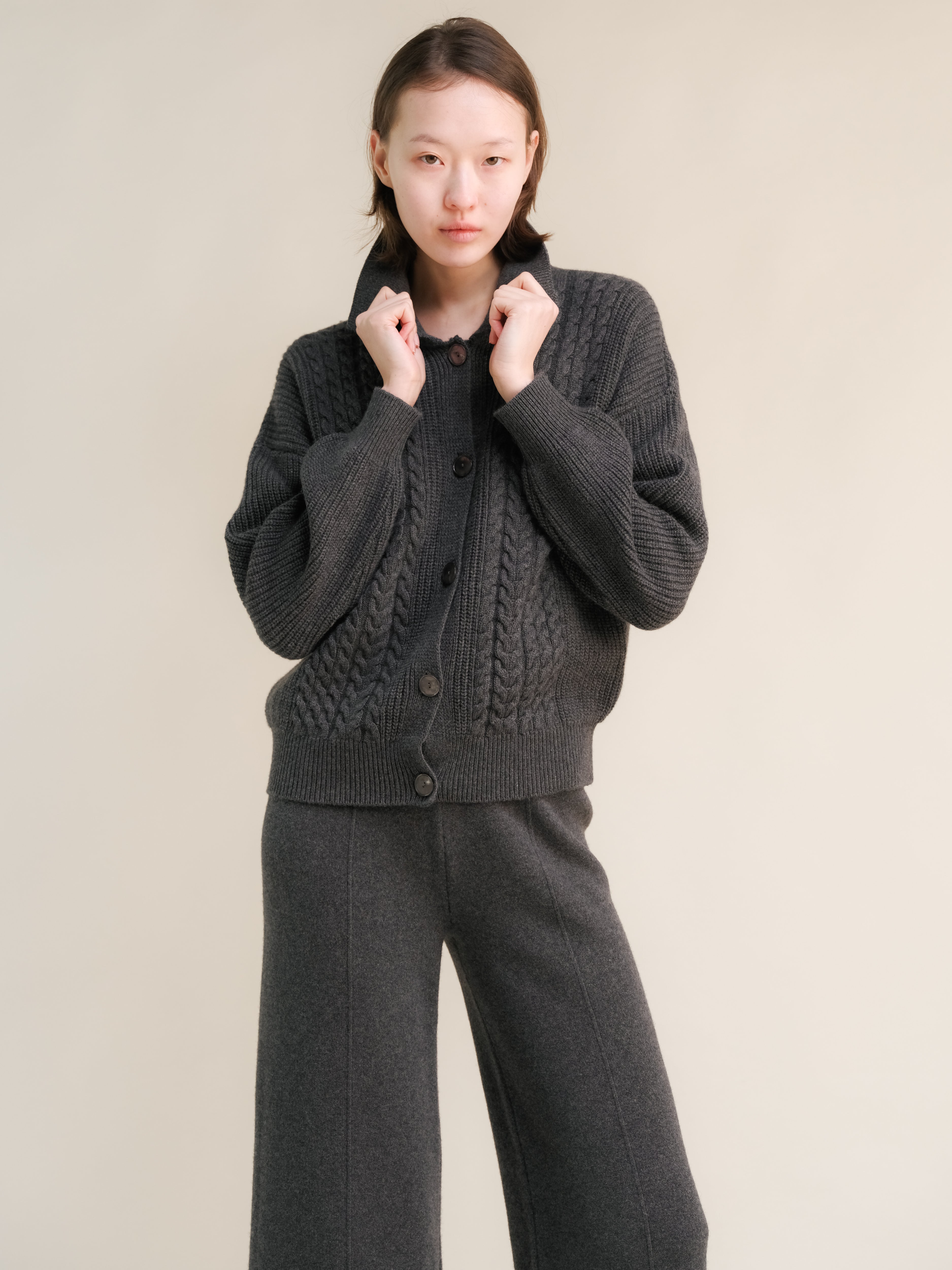 Cashmere Mix Cable Polo Cardigan