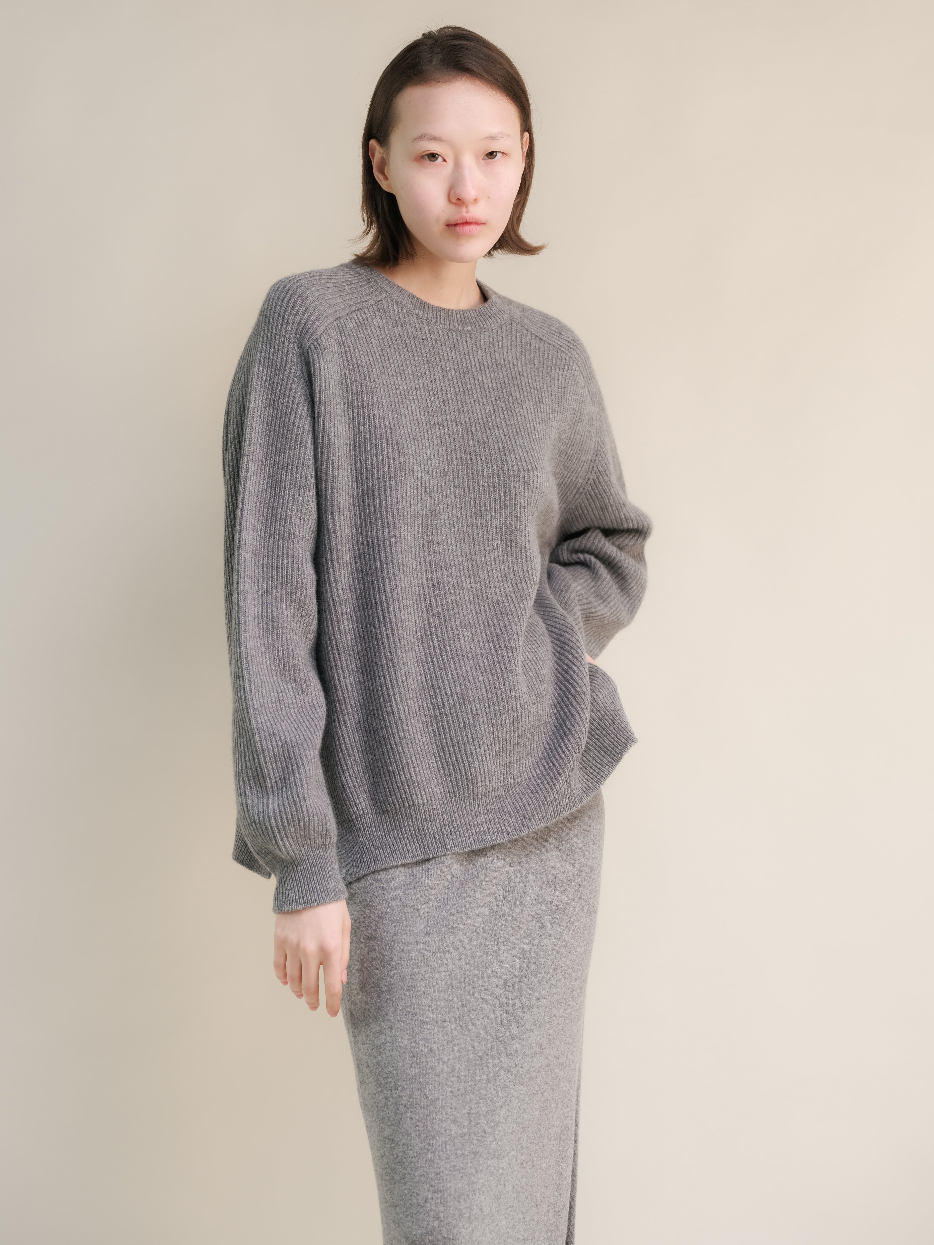 Cashmere Mix Crewneck Ribbed Sweater with Lateral Slits
