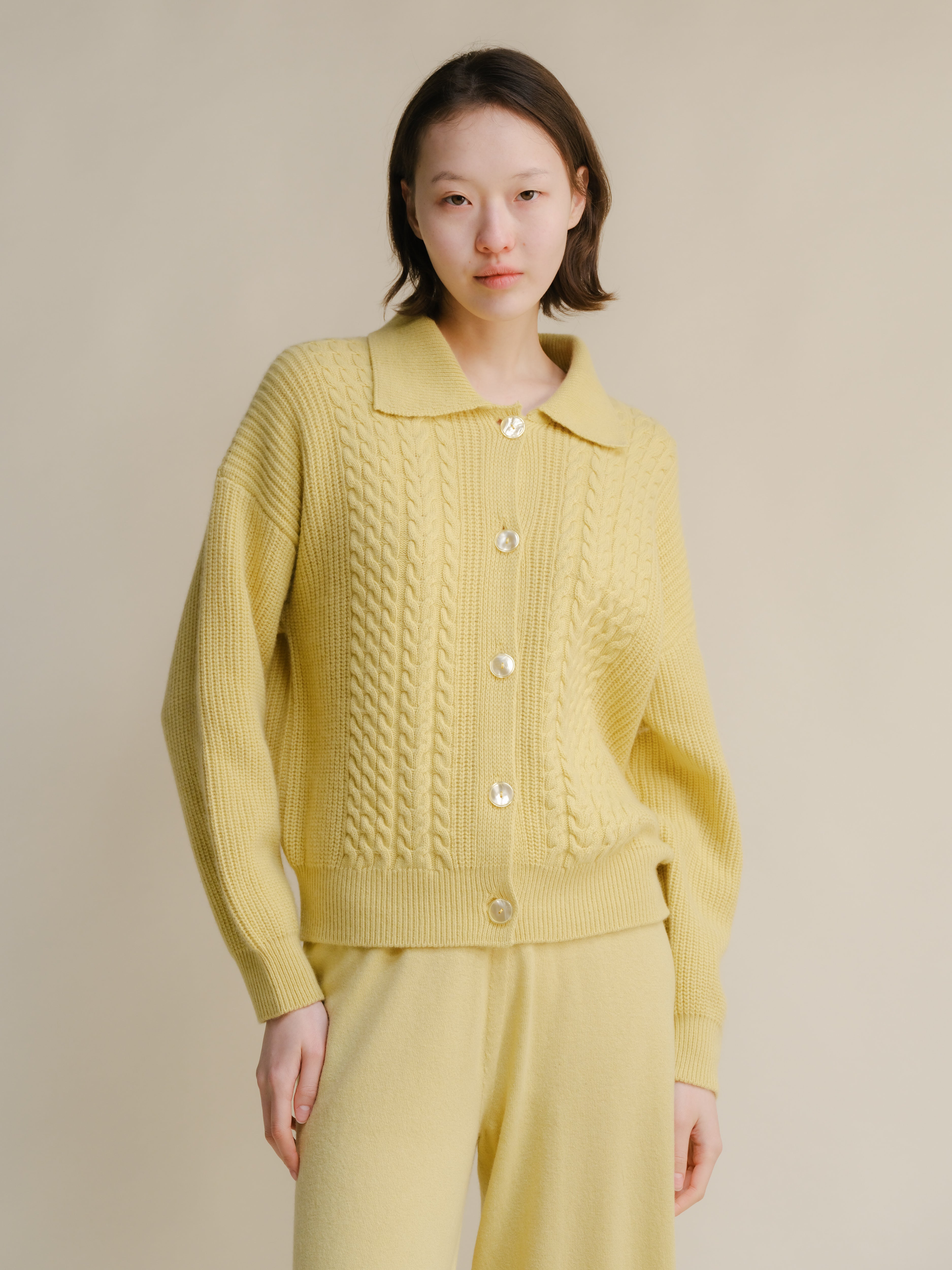 Cashmere Mix Cable Polo Cardigan