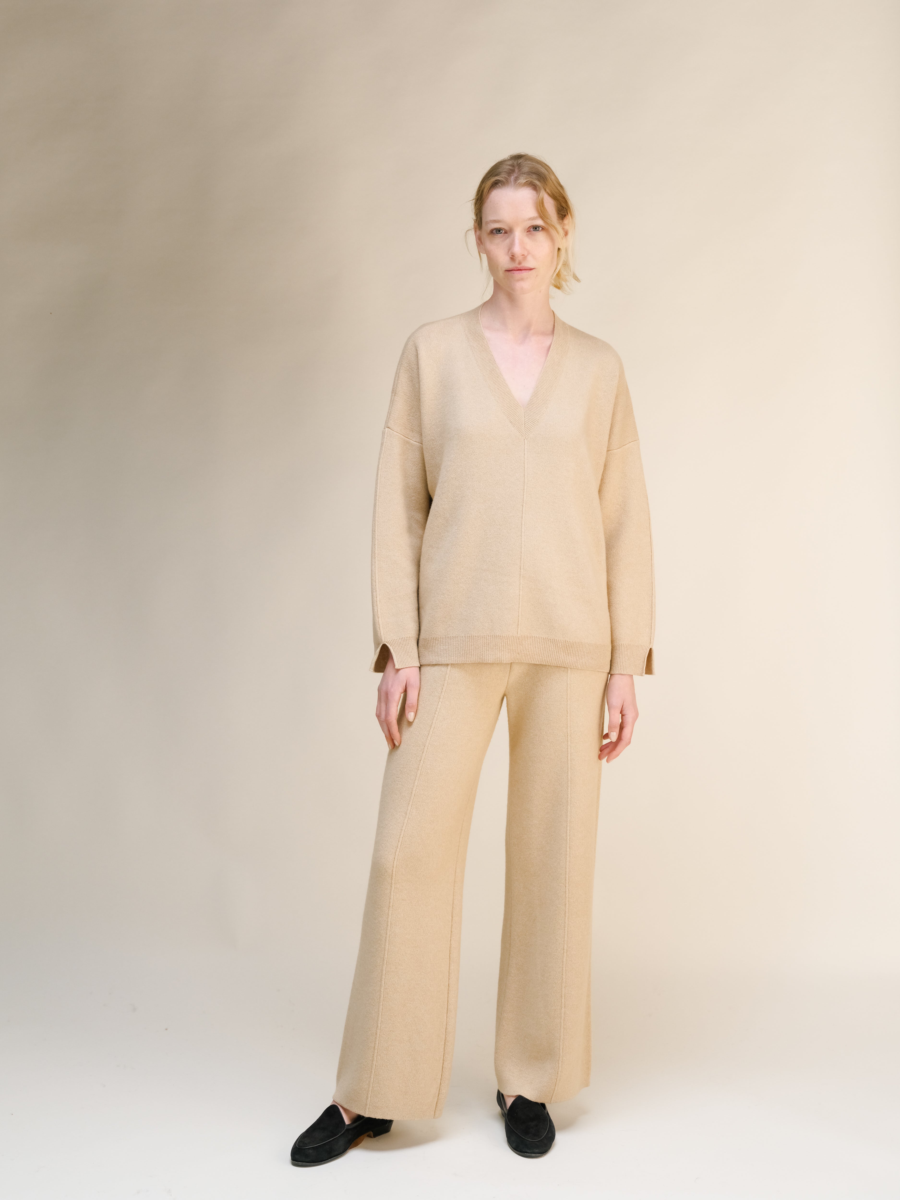 Cashmere Mix Solid Maxi V Neck with Side Slits
