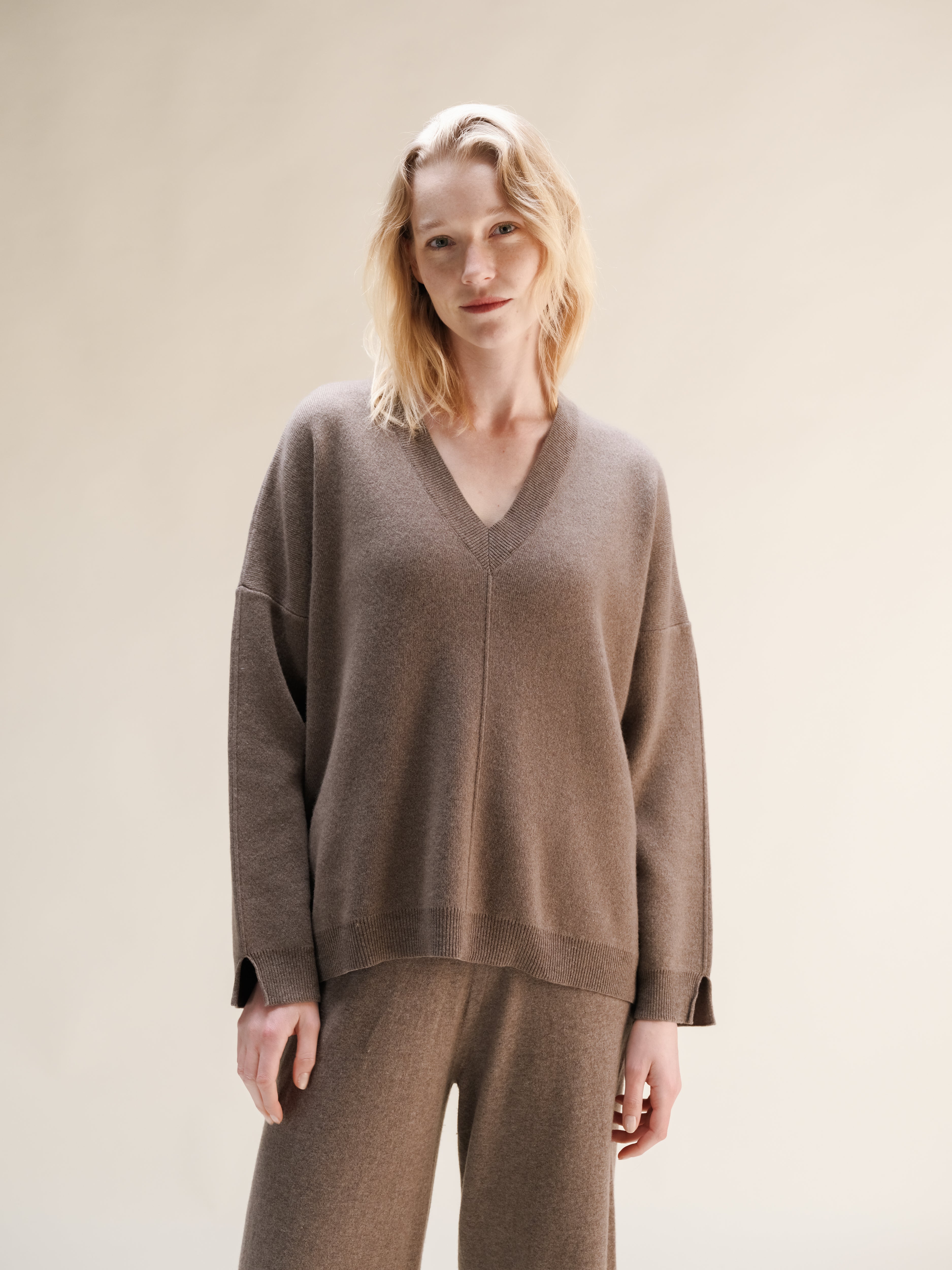 Cashmere Mix Solid Maxi V Neck with Side Slits