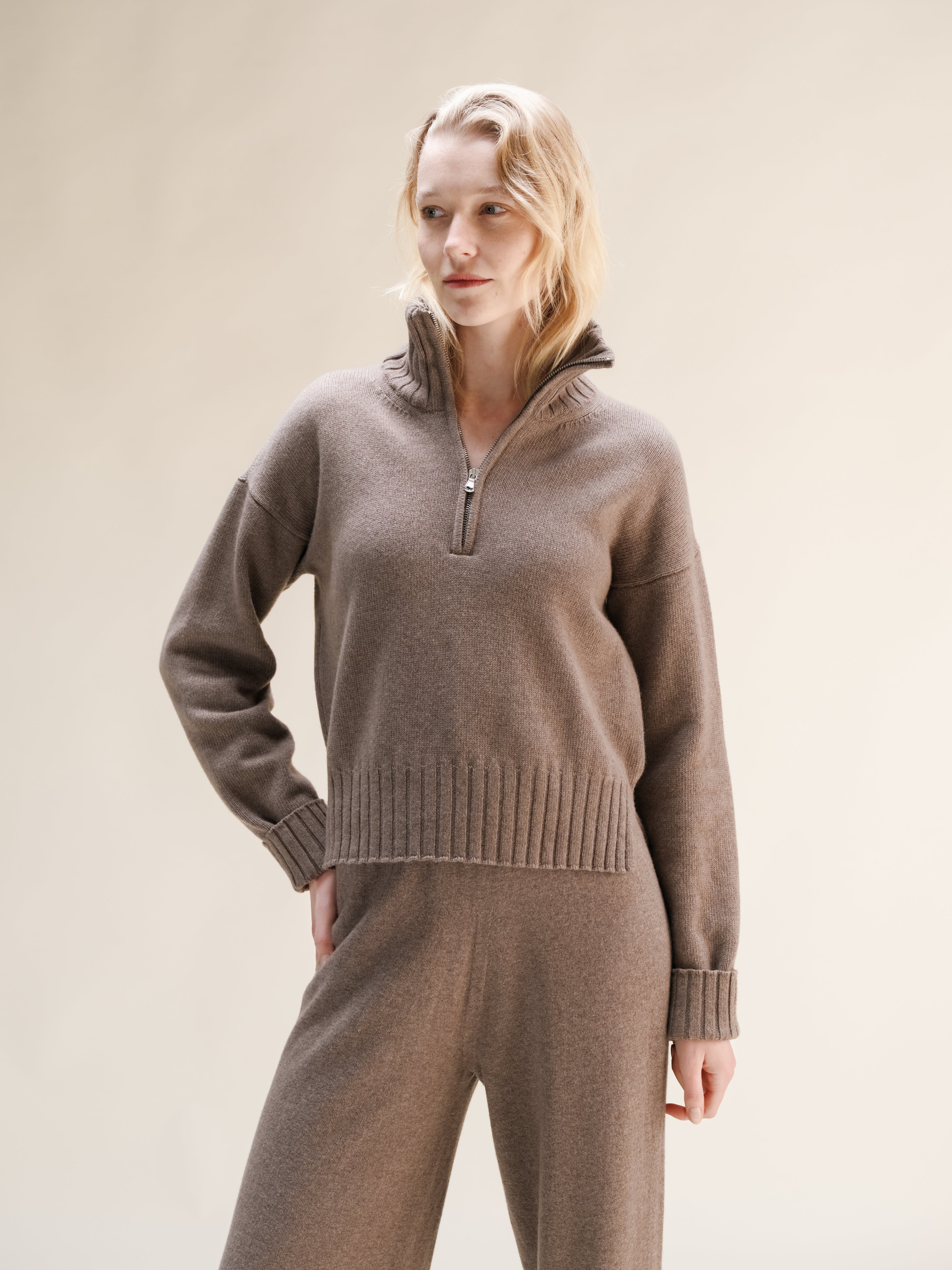 Cashmere Mix High Neck Sweater with Zip