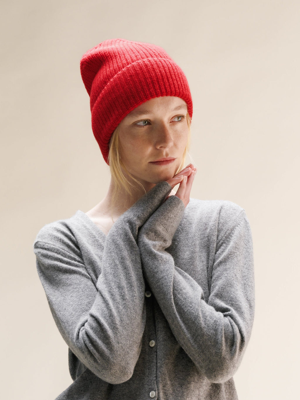 Cashmere Mix Red Ribbed Beanie