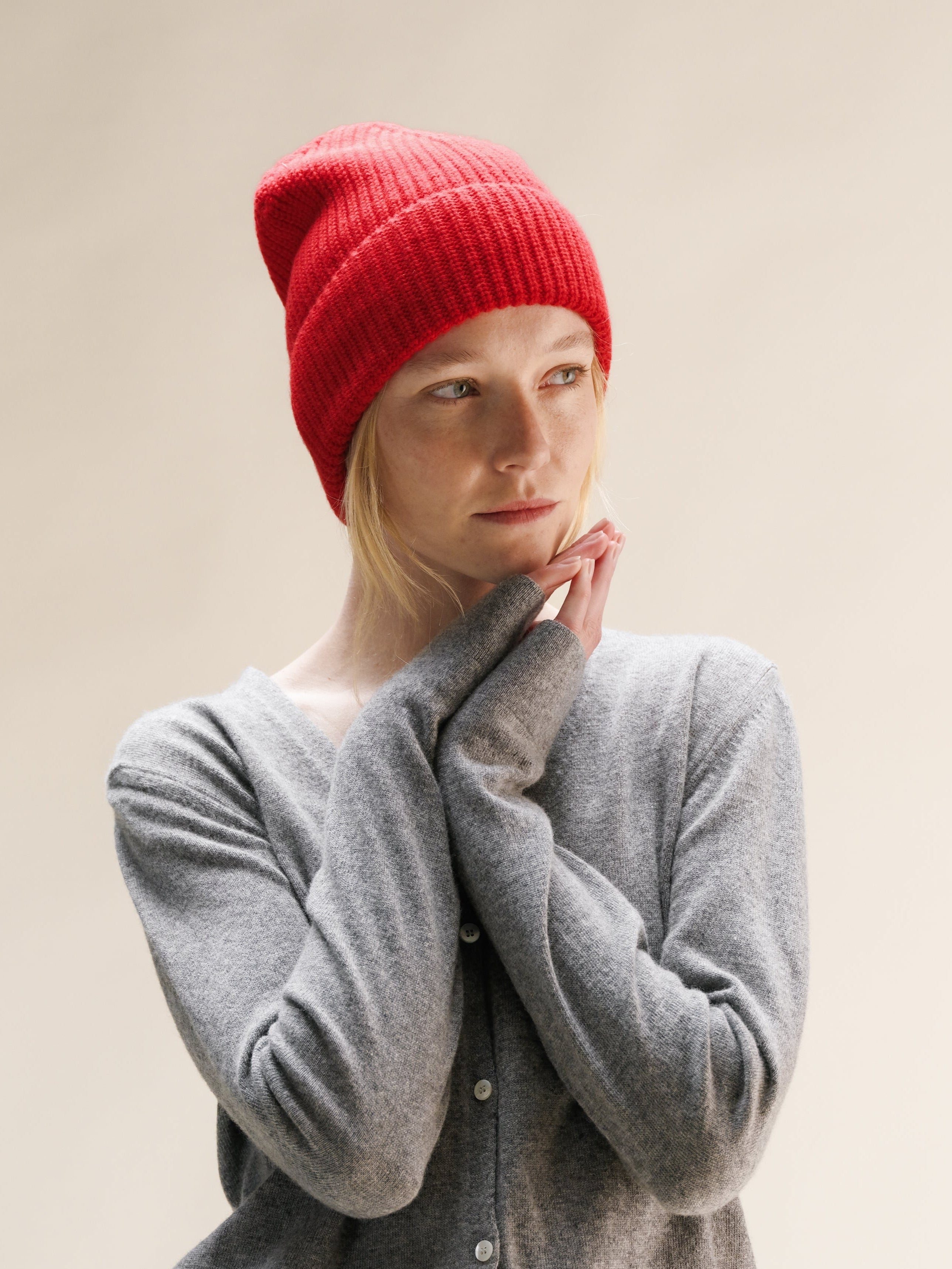 Cashmere Mix Red Ribbed Beanie