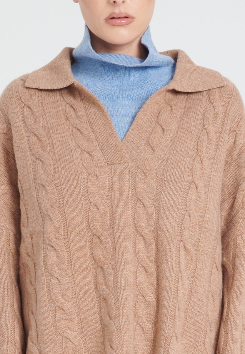 Women’s 6-Ply Cashmere Long-Sleeve Polo in Camel