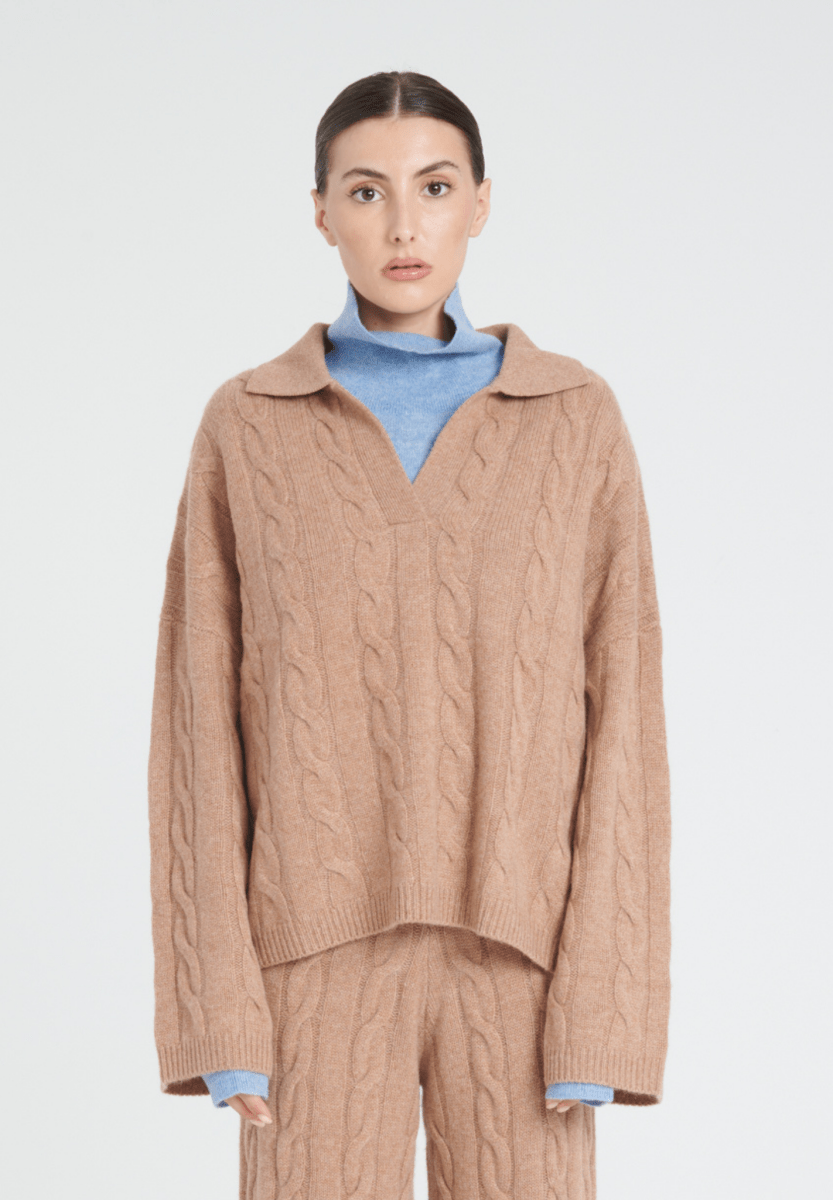 Women’s 6-Ply Cashmere Long-Sleeve Polo in Camel